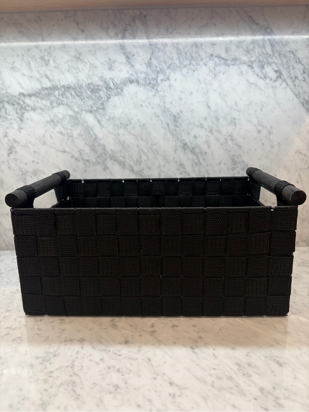 Black Woven Storage Basket Bin w/ Wooden Handles 14” x 10”